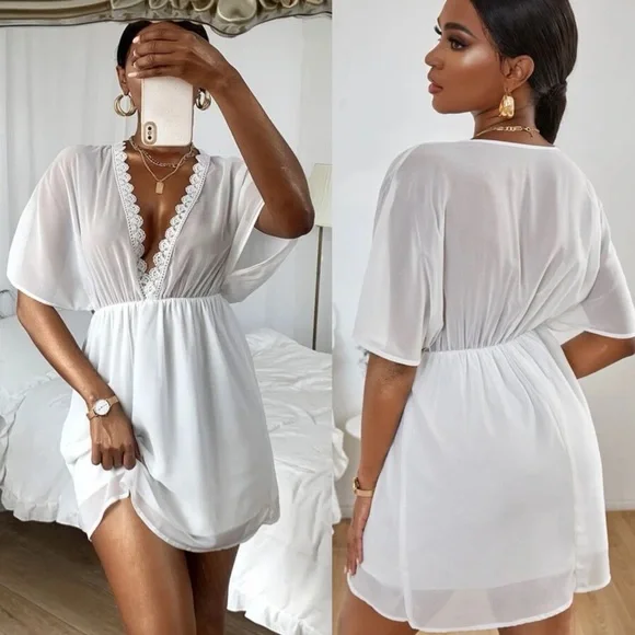 Boho gypsy v neck scalloped lace sheer swim coverup beach white - Picture 1 of 2